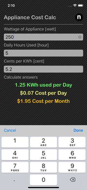 Appliance Cost Calculator iOS App for iPhone and iPad