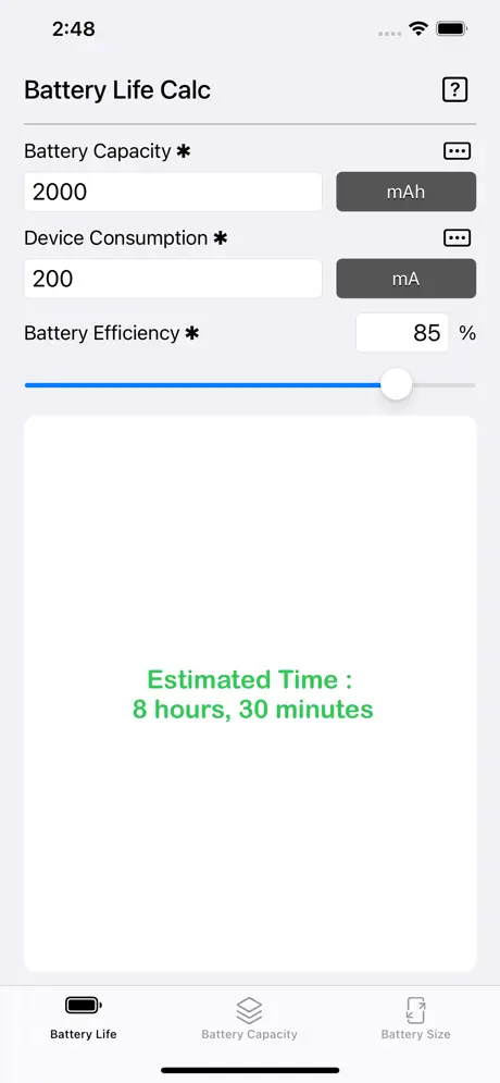 Battery_Calculator iOS App Screenshot 1