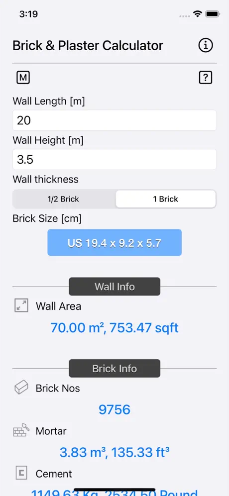 Brick_and_Plaster_Calculator iOS App Screenshot 1