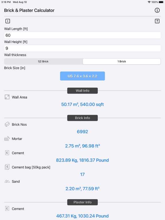 Brick_and_Plaster_Calculator iPadOS App Screenshot 1