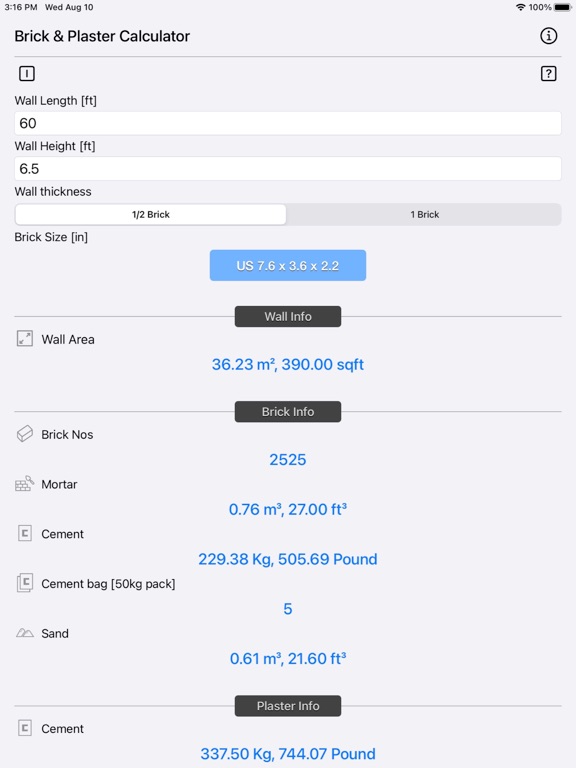 Brick_and_Plaster_Calculator iPadOS App Screenshot 3
