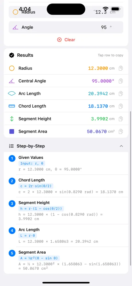 Circular_Segment_Calculator iOS App Screenshot 2