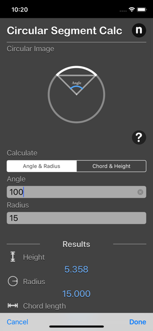 Circular Segment Calculator iOS App for iPhone and iPad