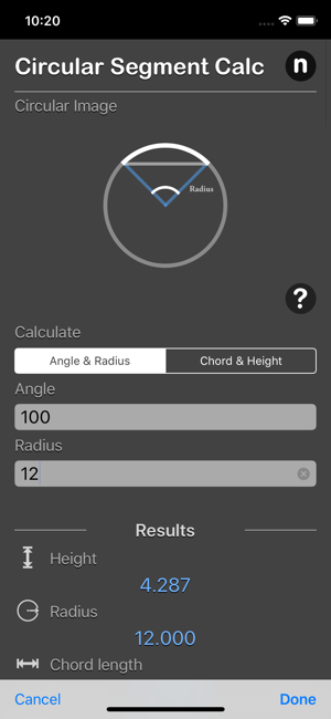 Circular Segment Calculator iOS App for iPhone and iPad