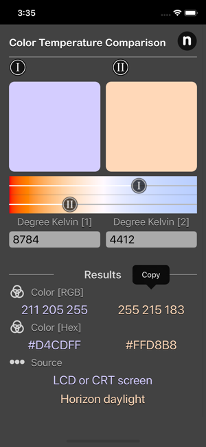 Color Temperature Comparison iOS App for iPhone and iPad