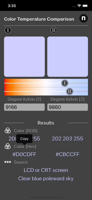 Color Temperature Comparison iOS App for iPhone and iPad