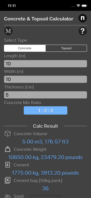 Concrete & Topsoil Calculator iOS App for iPhone and iPad