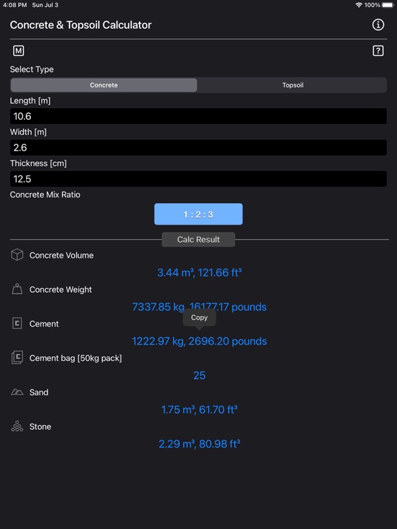 Concrete_and_Topsoil_Calculator iPadOS App Screenshot 2