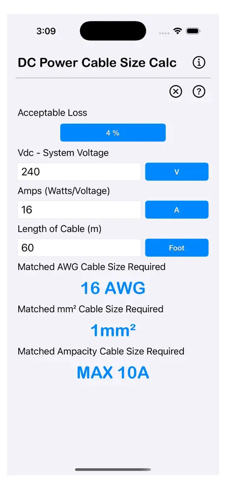 DC_Power_Cable_Size_Calc iOS App Screenshot 1