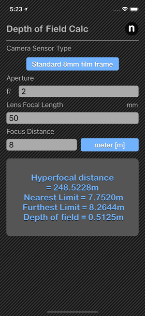 Depth of Field Calculator iOS App for iPhone and iPad