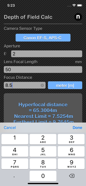 Depth of Field Calculator iOS App for iPhone and iPad