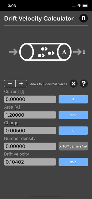 Drift Velocity Calculator iOS App for iPhone and iPad