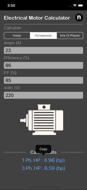 Electrical Motor Calculator iOS App for iPhone and iPad