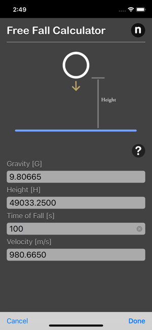 Free Fall Calculator iOS App for iPhone and iPad