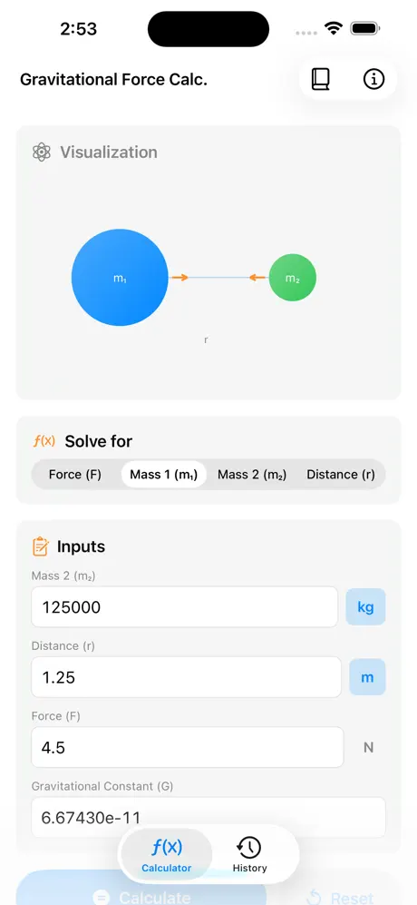 Gravitational_Force_Calculator iOS App Screenshot 1