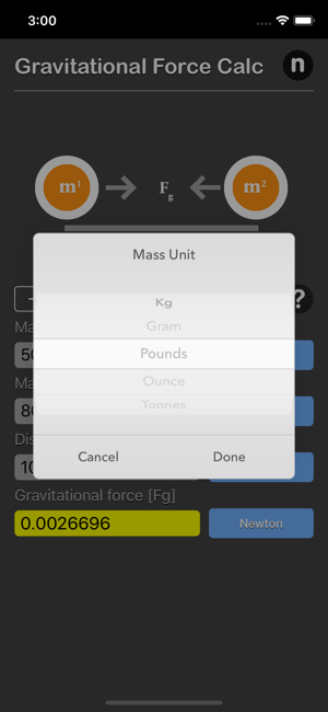 Gravitational Force Calculator iOS App for iPhone and iPad