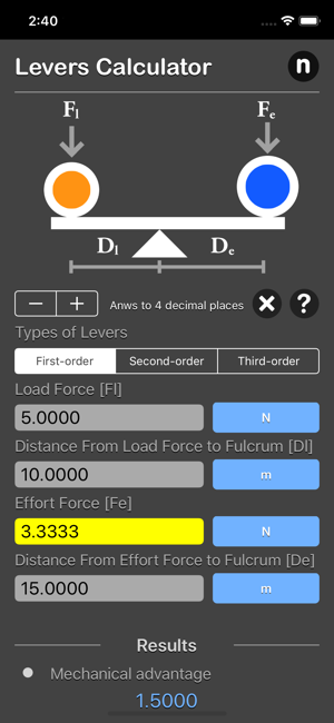 Levers Calculator iOS App for iPhone and iPad