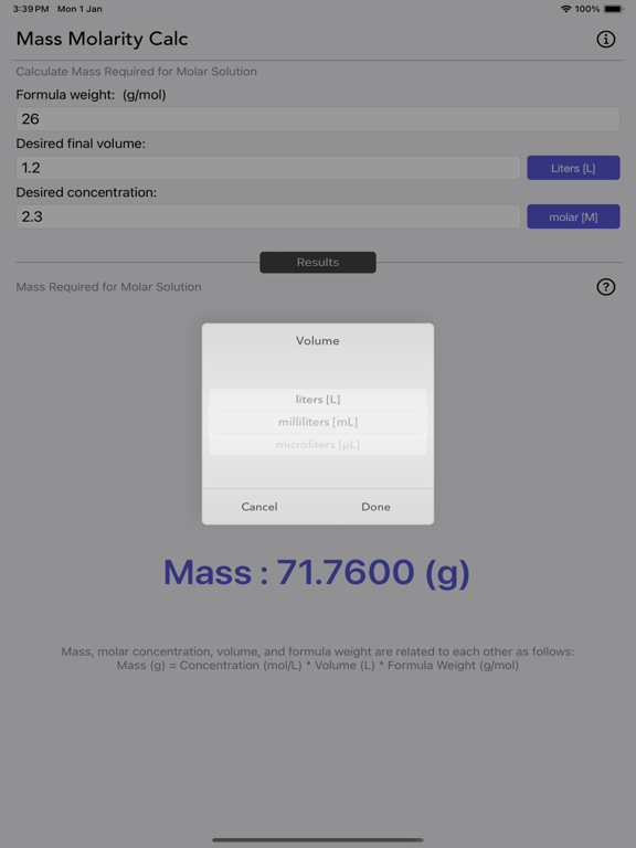 Mass_Molarity_Calculator iPadOS App Screenshot 2