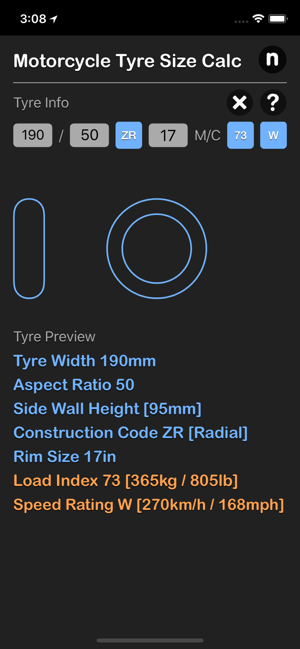 Motorcycle Tyre Size Calc iOS App for iPhone and iPad