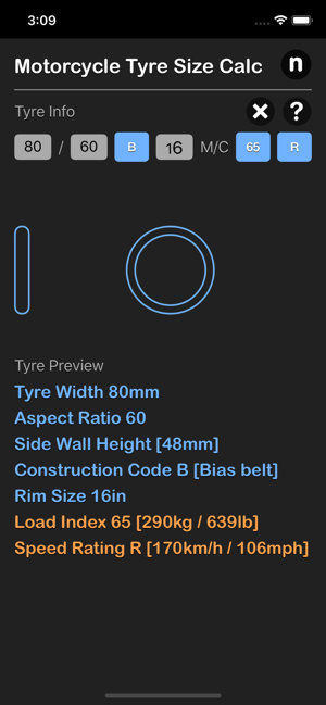 Motorcycle Tyre Size Calc iOS App for iPhone and iPad