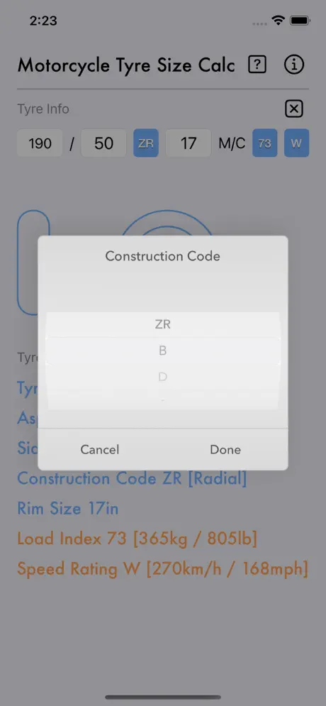 Motorcycle_Tyre_Size_Calc iOS App Screenshot 2