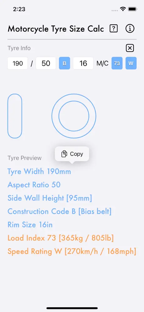 Motorcycle_Tyre_Size_Calc iOS App Screenshot 3