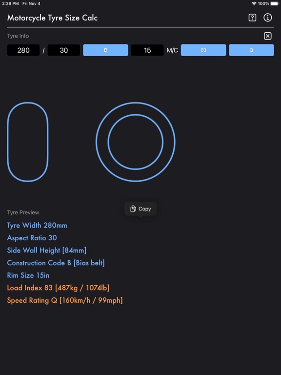 Motorcycle_Tyre_Size_Calc iPadOS App Screenshot 1