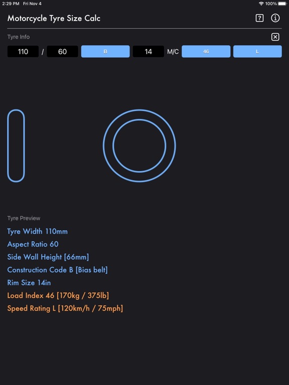 Motorcycle_Tyre_Size_Calc iPadOS App Screenshot 2