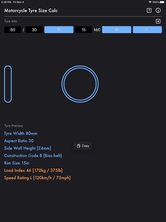 Motorcycle_Tyre_Size_Calc iPadOS App Screenshot 3