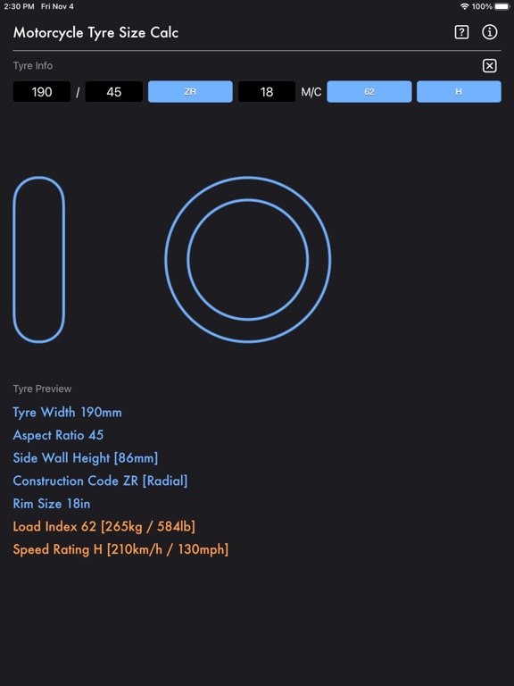 Motorcycle_Tyre_Size_Calc iPadOS App Screenshot 4