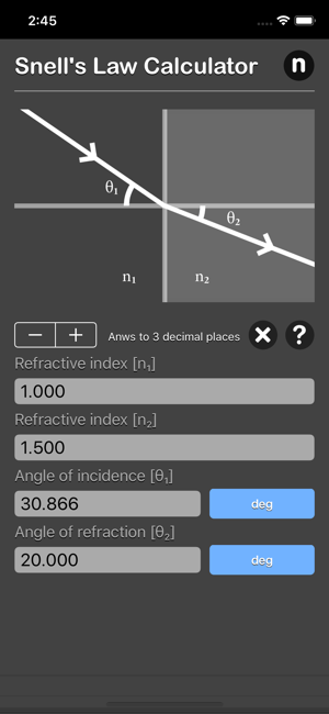 Snell Law Calculator iOS App for iPhone and iPad
