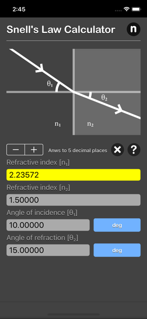 Snell Law Calculator iOS App for iPhone and iPad