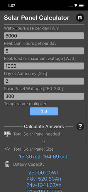 Solar Panel Calculator Plus iOS App for iPhone and iPad