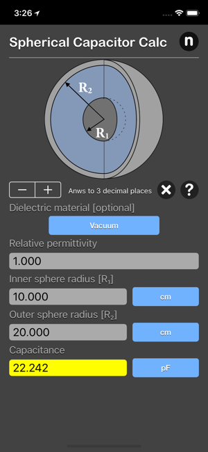 Spherical Capacitor Calculator iOS App for iPhone and iPad