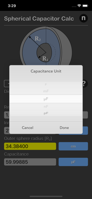 Spherical Capacitor Calculator iOS App for iPhone and iPad