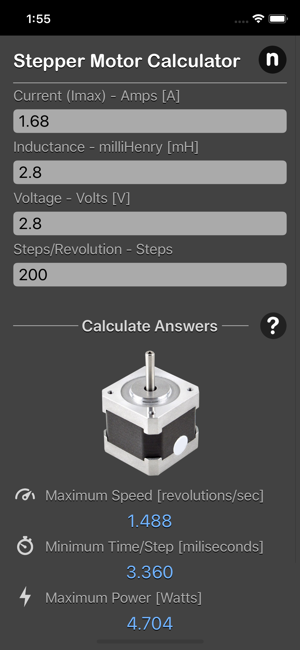 Stepper Motor Calculator iOS App for iPhone and iPad