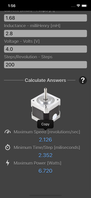 Stepper Motor Calculator iOS App for iPhone and iPad