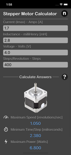 Stepper Motor Calculator iOS App for iPhone and iPad