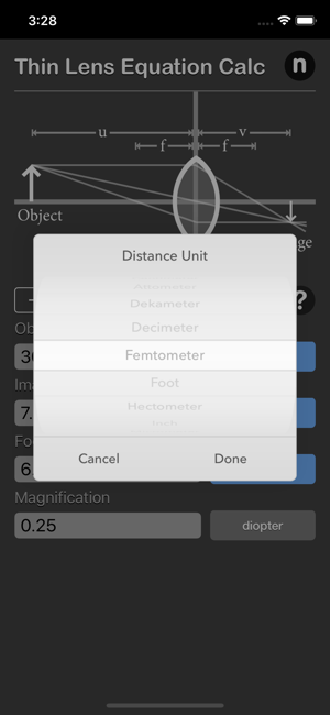Thin Lens Equation Calc iOS App for iPhone and iPad