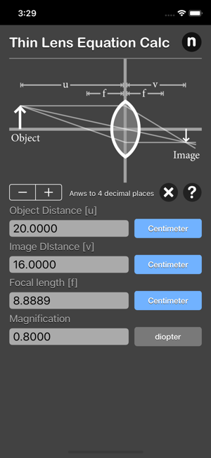 Thin Lens Equation Calc iOS App for iPhone and iPad