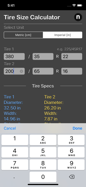 Tire Size Calculator Plus iOS App for iPhone and iPad