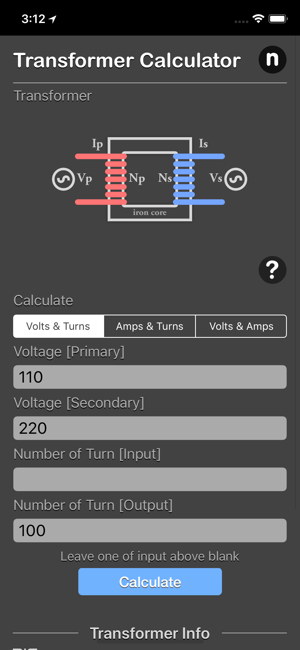 Transformer Calculator Plus iOS App for iPhone and iPad