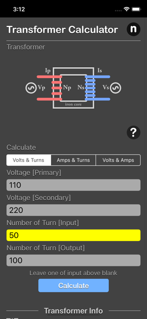 Transformer Calculator Plus iOS App for iPhone and iPad