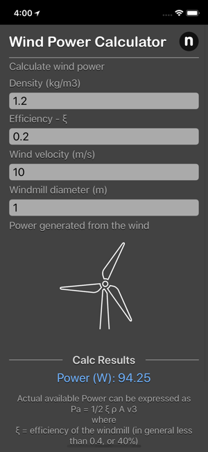 Wind Power Calculator iOS App for iPhone and iPad
