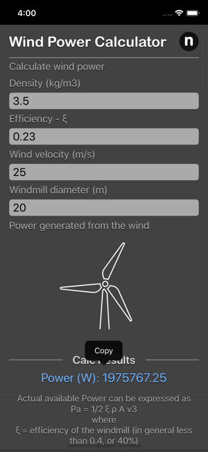 Wind Power Calculator iOS App for iPhone and iPad