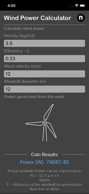 Wind Power Calculator iOS App for iPhone and iPad